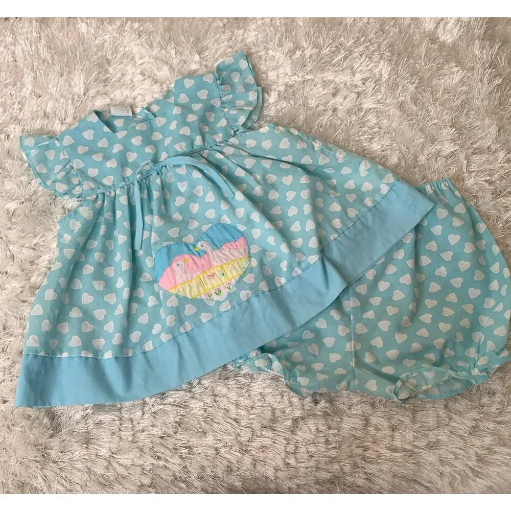 Vintage Aqua Blue Heart Print 2 Piece Set Dress Bloomers Sz 24 Months